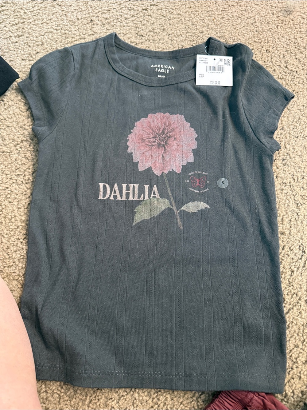 American Eagle Outfitters Black Tee with Pink Dahlia Graphic